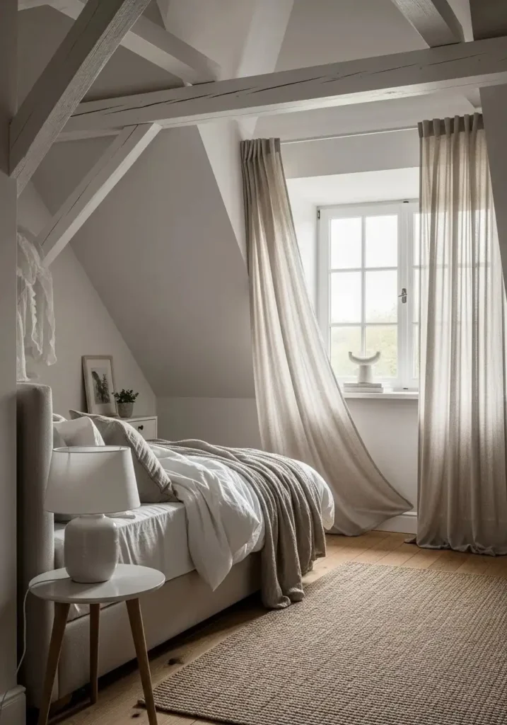 Attic bedroom with soft curtains adding warmth and softness to the space