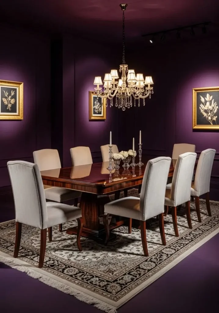 Plum color drenched dining room with rich elegant feel
