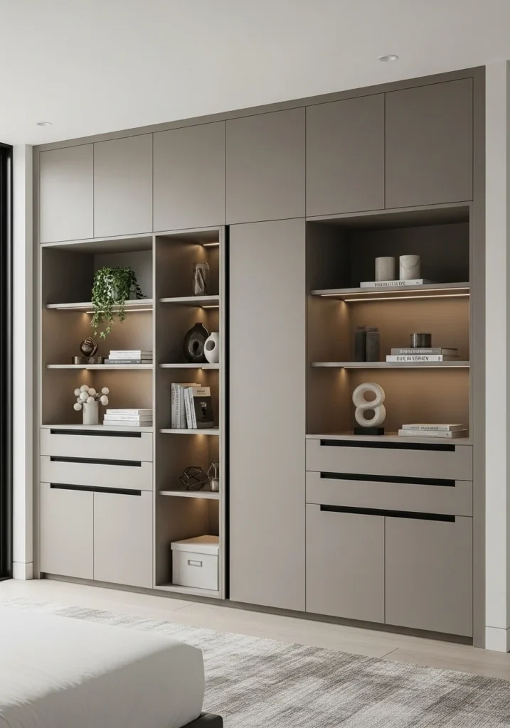 built-in wardrobe wall with open and closed storage sections