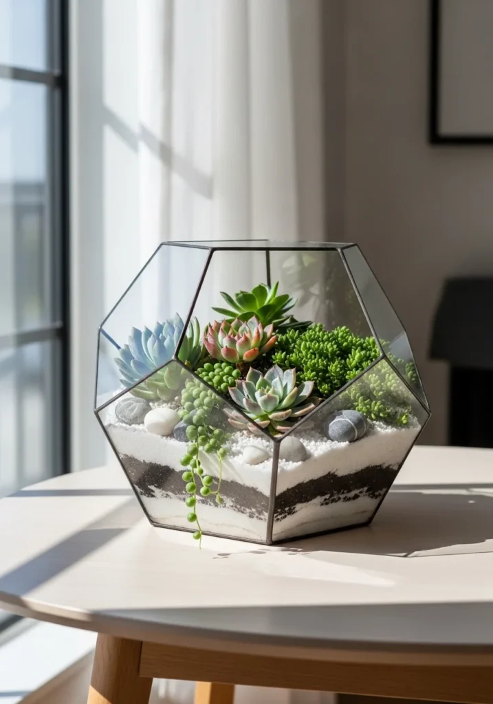 Succulent terrarium centerpiece for modern table styling
