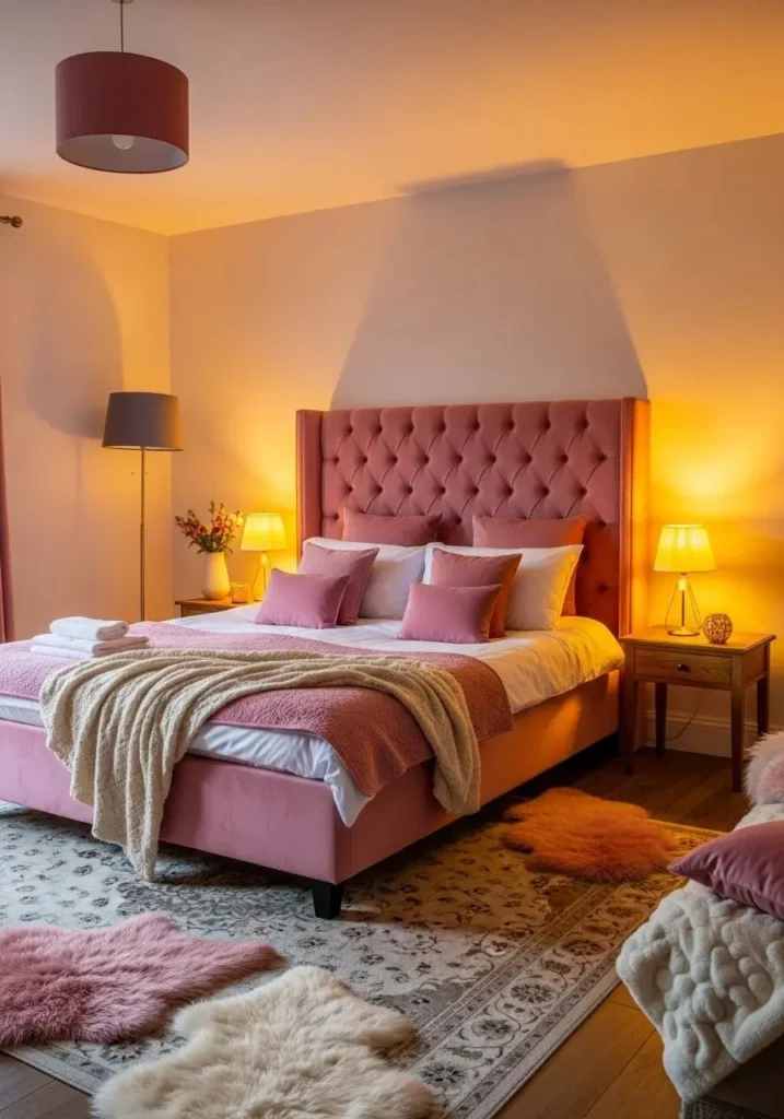 Pink velvet decor adding warmth and texture to a cozy bedroom