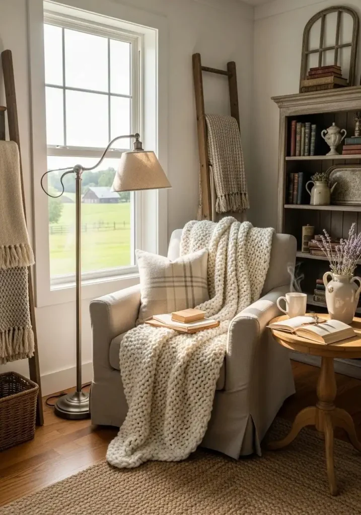 Farmhouse reading nook with cozy chair and warm natural lighting