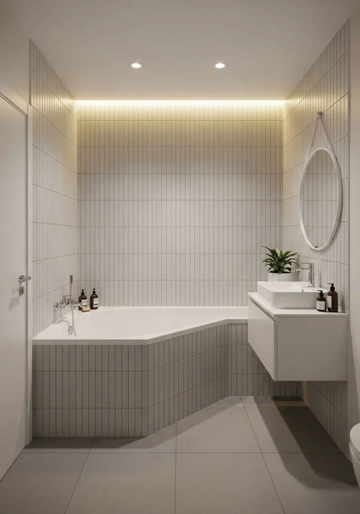 Vertical tiles making small bathroom with tub look taller