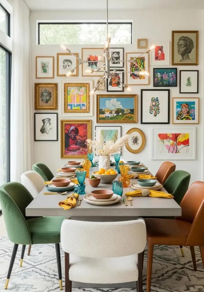 Gallery wall with colorful art bringing personality to a dining room