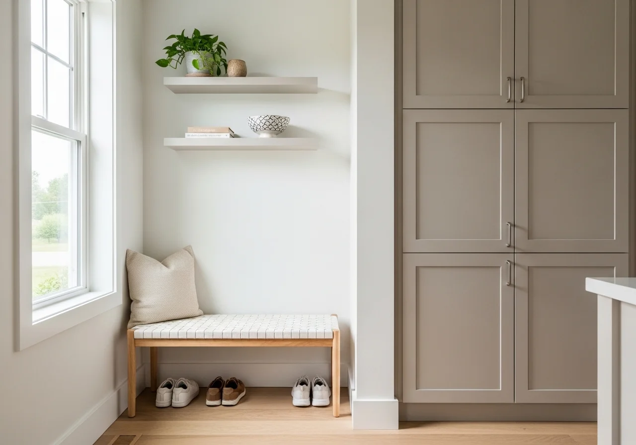 Shoe rack ideas for small spaces in a clean minimalist entryway with organized storage solutions