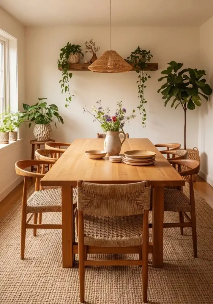natural elements dining room decor ideas with plants and wood