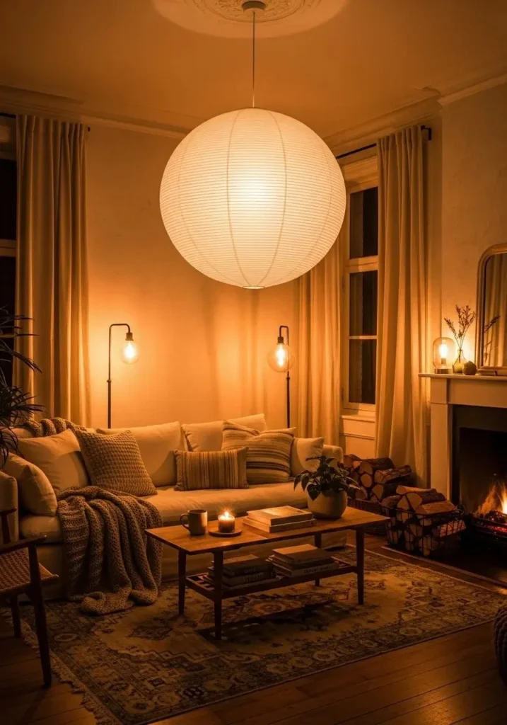 Warm lighting in Japandi living room for cozy ambiance