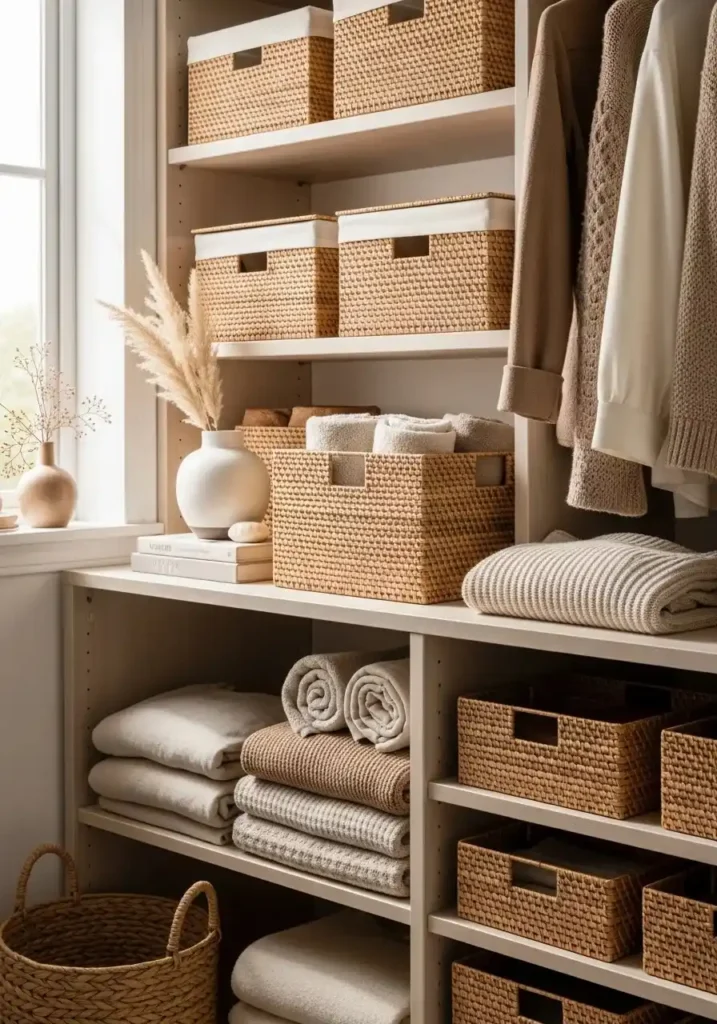 Woven baskets in closet adding warmth and stylish storage