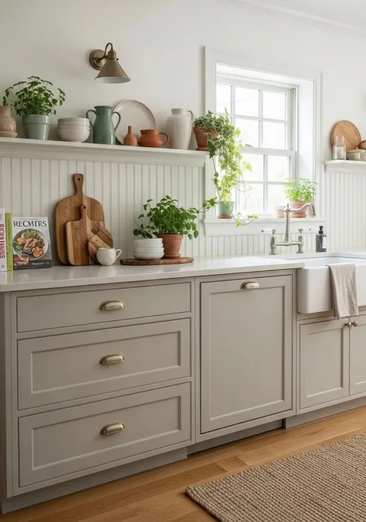 Beadboard backsplash with ledge shelf for decorative kitchen styling
