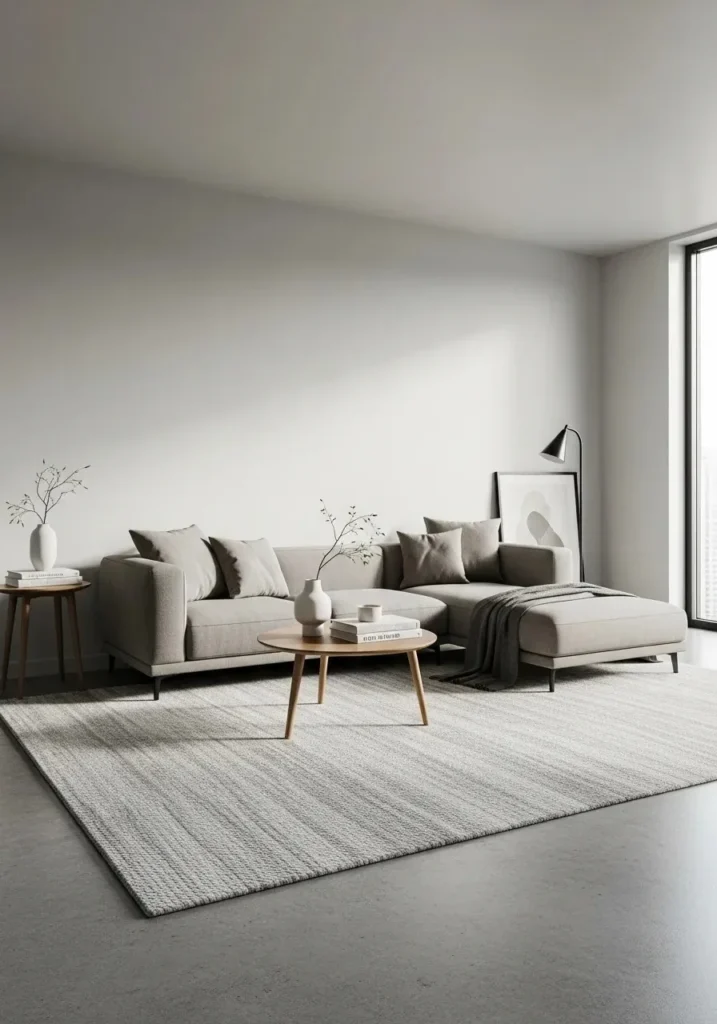 Defined living room zone in an open-plan apartment using a rug and furniture arrangement