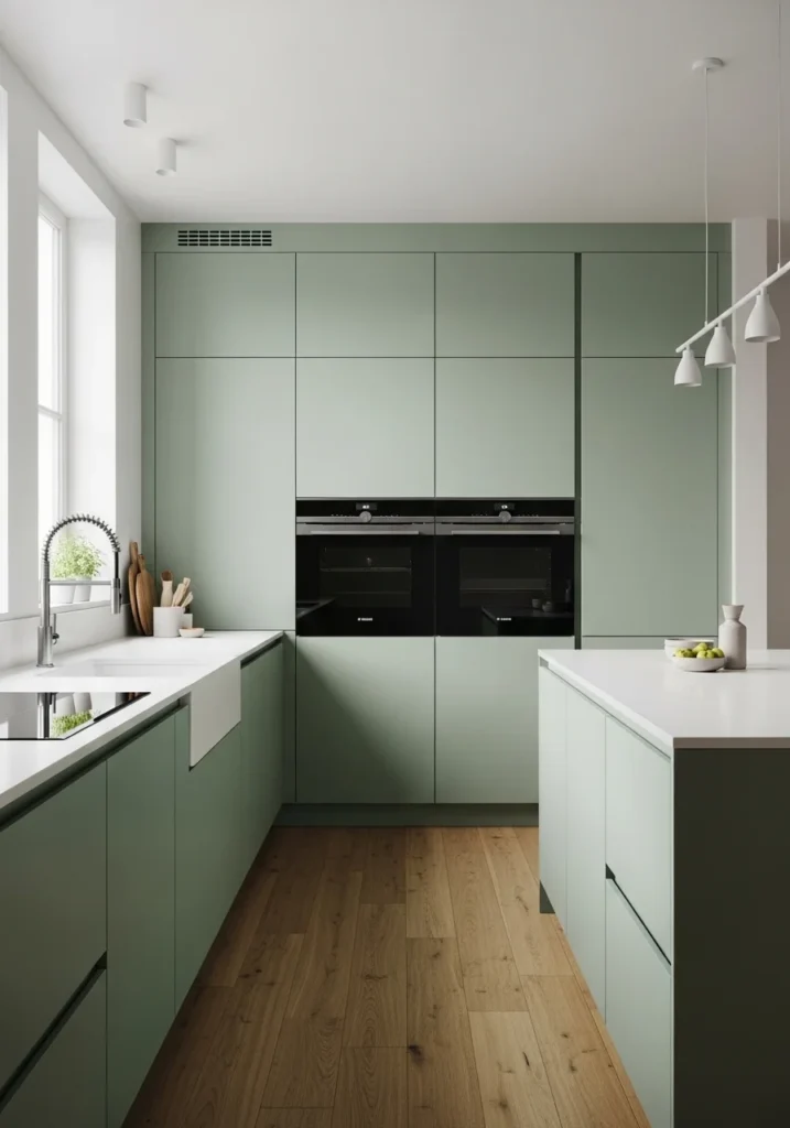 Minimalist green kitchen with clean and simple design