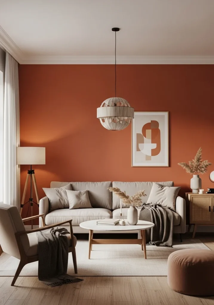 Burnt orange accent wall creating a warm and cozy focal point in a modern living room