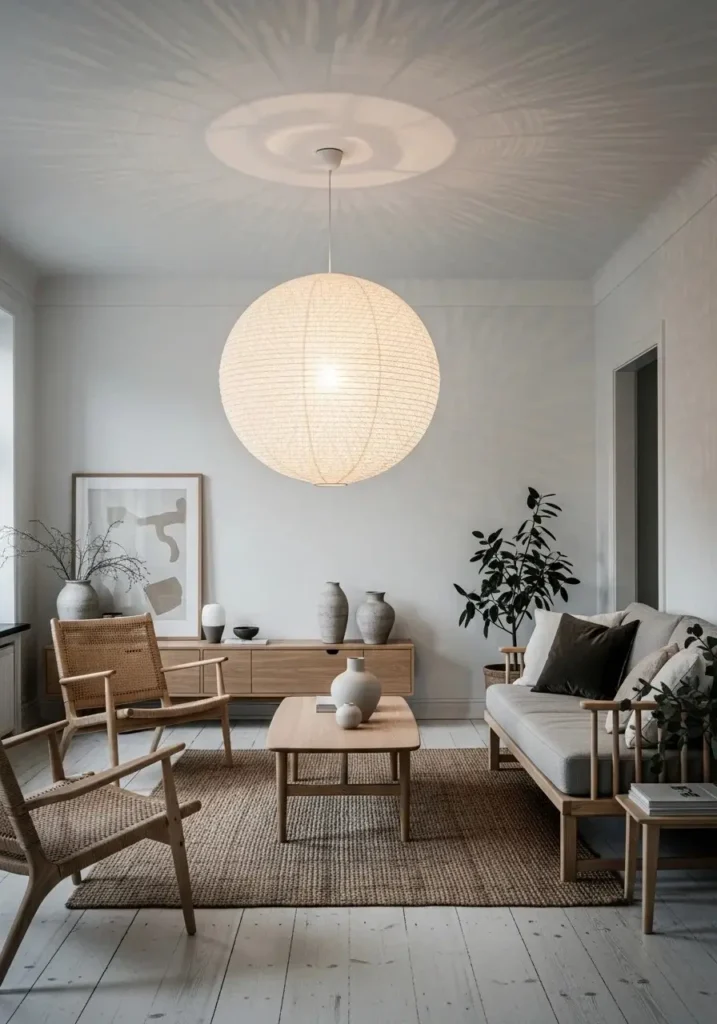 Statement lighting in Japandi living room with soft paper lamp