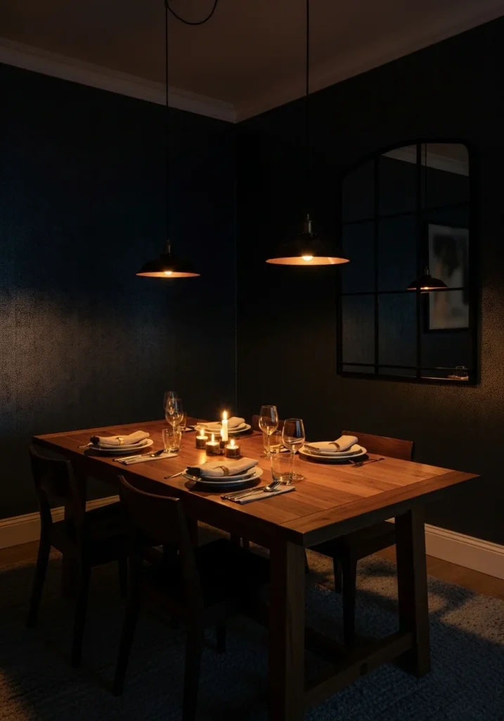 Dark moody wallpaper creating a cozy dining room vibe