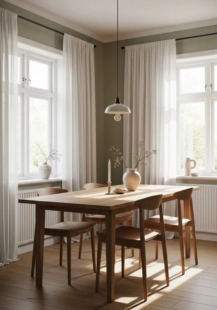 Dining room with soft sage green walls and wooden furniture creating a calm and airy atmosphere