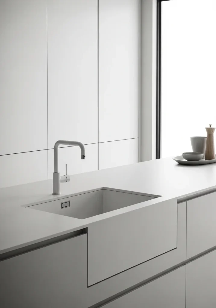 Integrated kitchen sink and countertop with seamless modern design