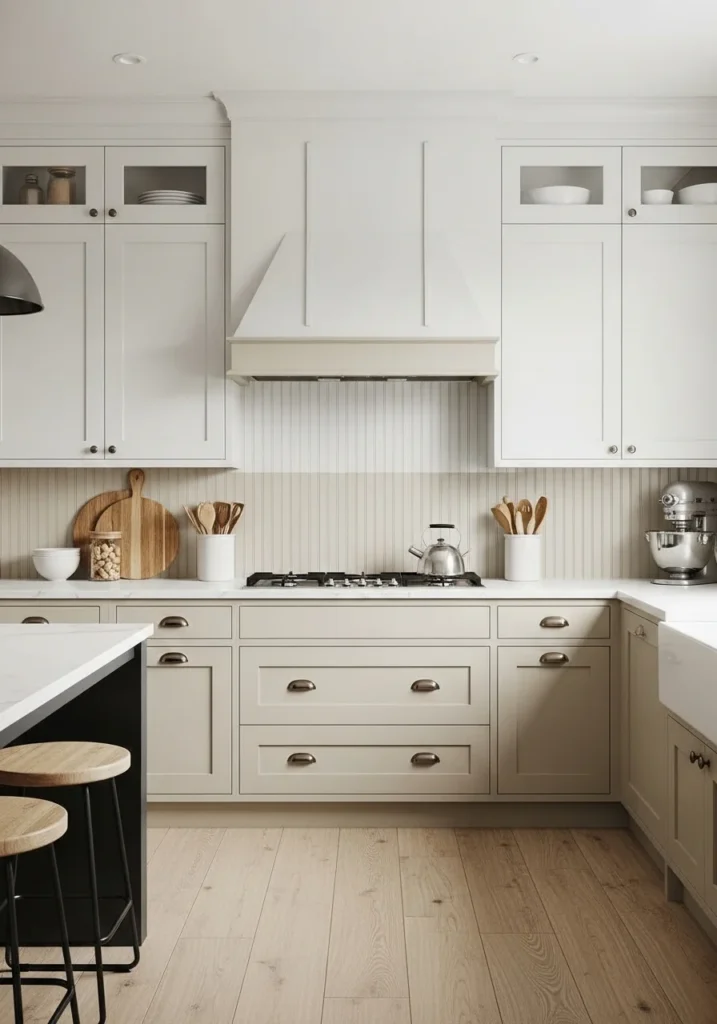 Two-tone beadboard backsplash adding subtle pattern and texture