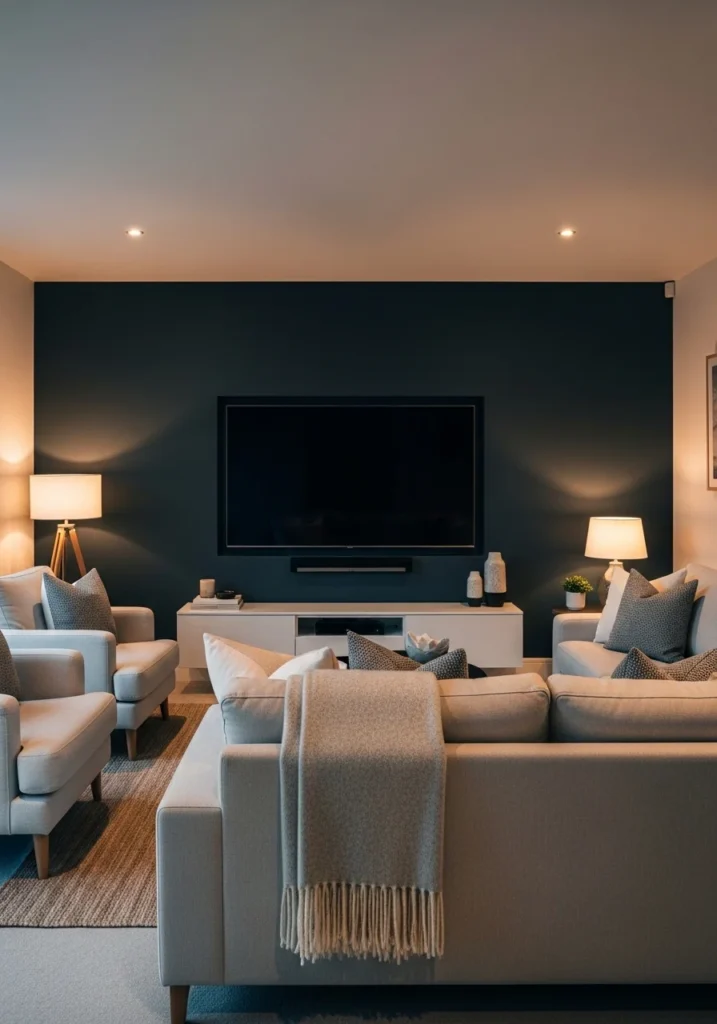 Dark accent wall behind TV creating cozy and modern living room feel