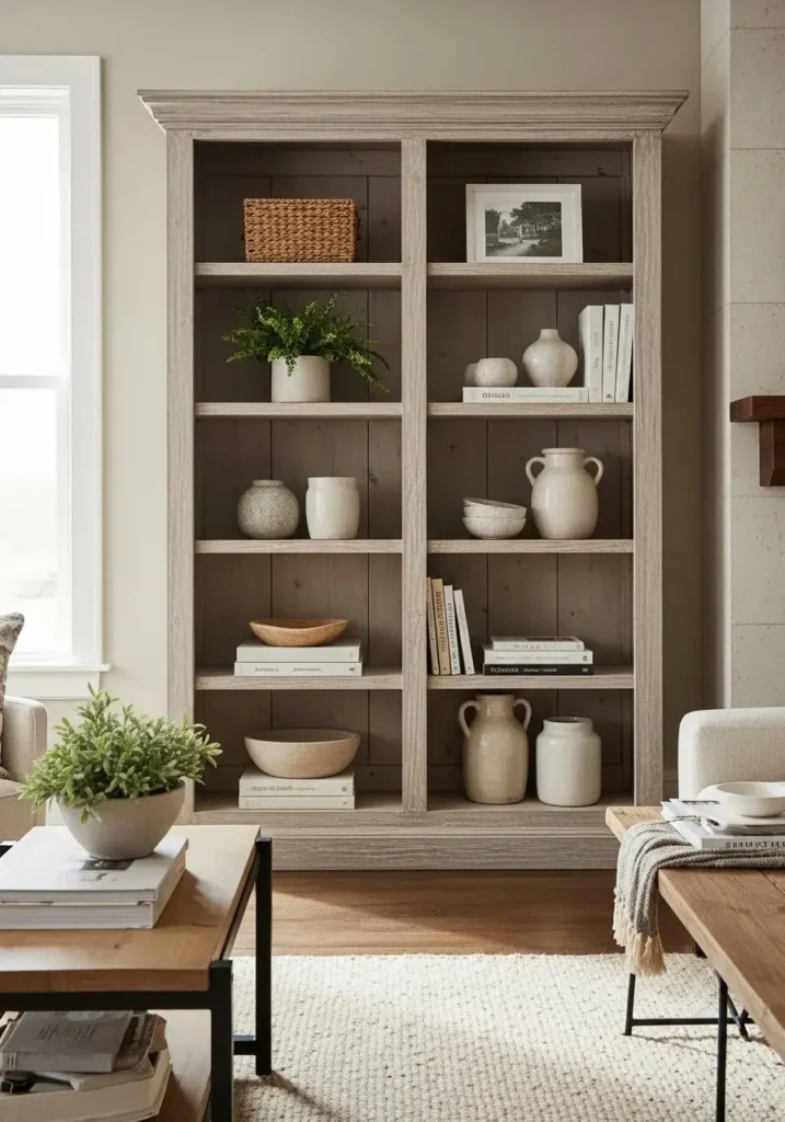Rustic farmhouse open shelving with wood texture and cozy decor styling