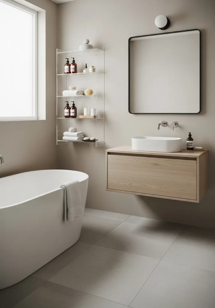 Transparent storage keeping small bathroom with tub clutter-free