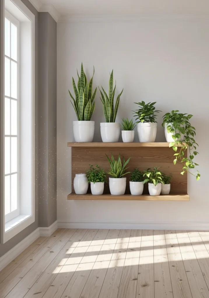Minimalist white ceramic plant pots on a modern shelf with indoor plants in a bright apartment