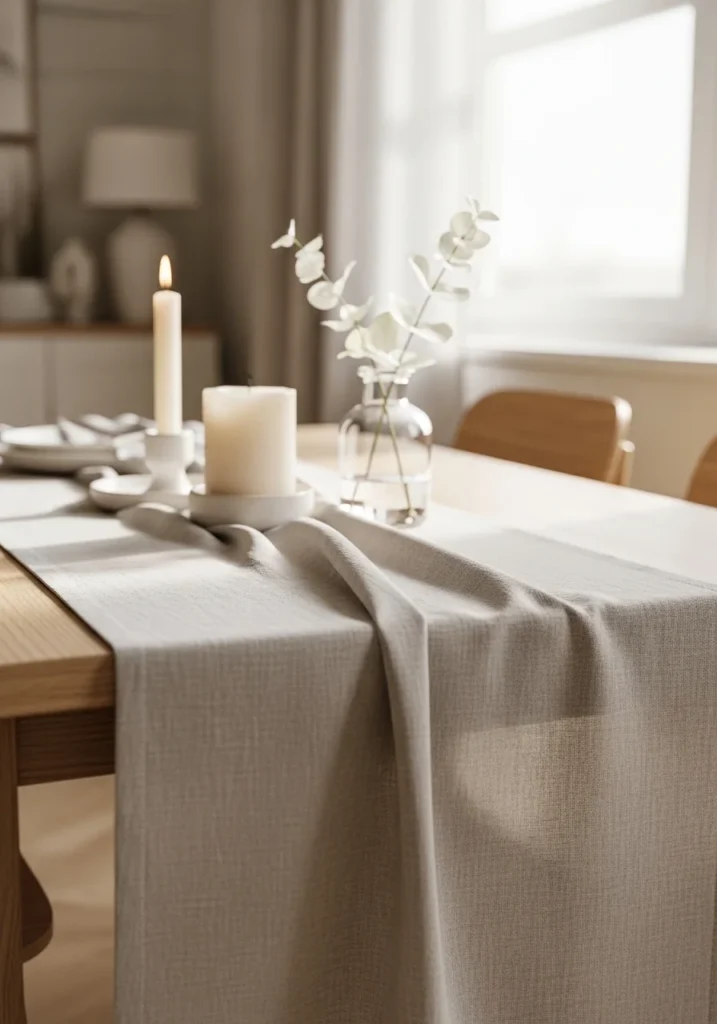 Minimal table centerpiece with linen runner and simple decor objects