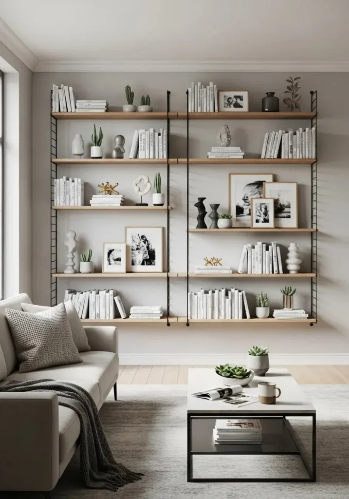 Mixed material shelves combining wood and metal for a chic industrial style