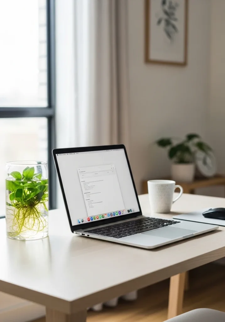 Indoor water plant on office desk for a fresh and productive workspace
