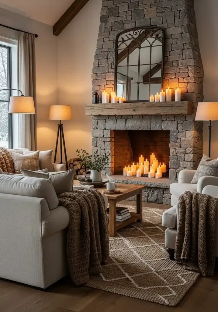 Cozy farmhouse living room with fireplace and warm rustic decor