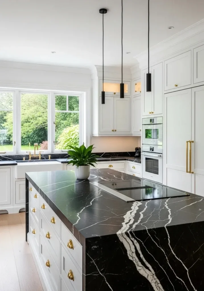black marble countertops white cabinets elegant kitchen design