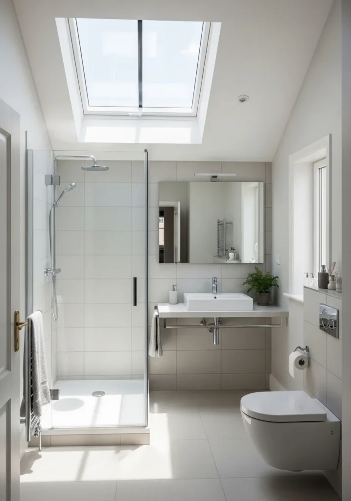 Skylight above walk-in shower bringing natural light into a small bathroom