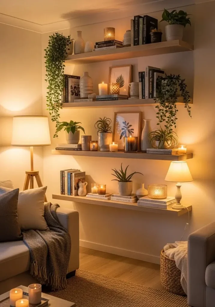 Floating shelves decorated with plant pots and home accessories