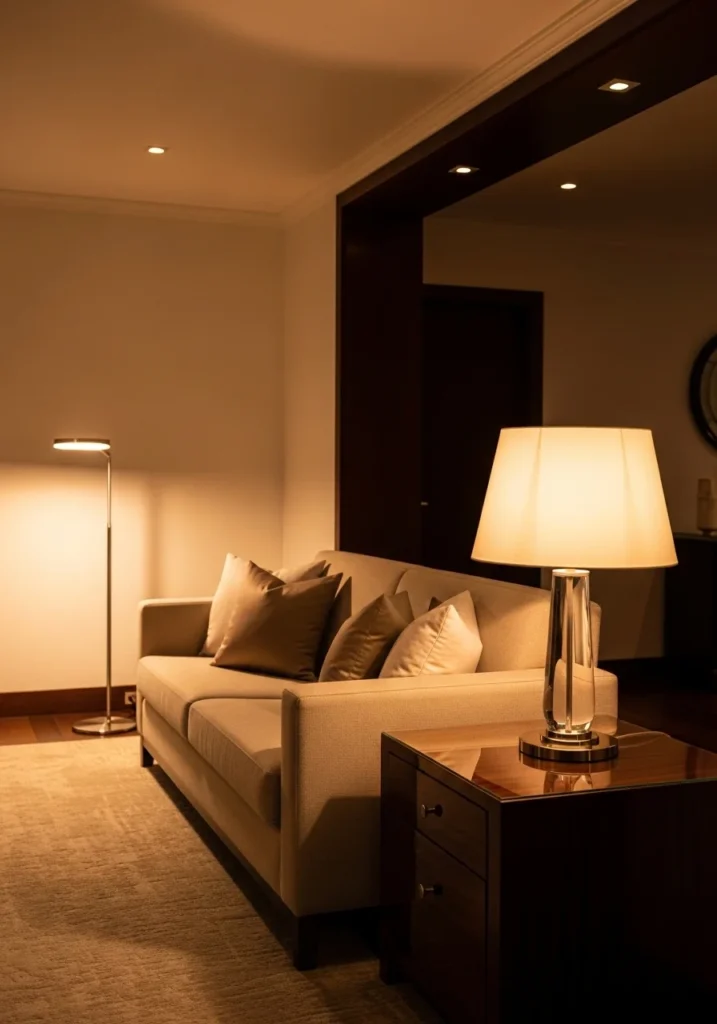 Layered lighting in luxury living room creating warm and cozy elegant atmosphere.