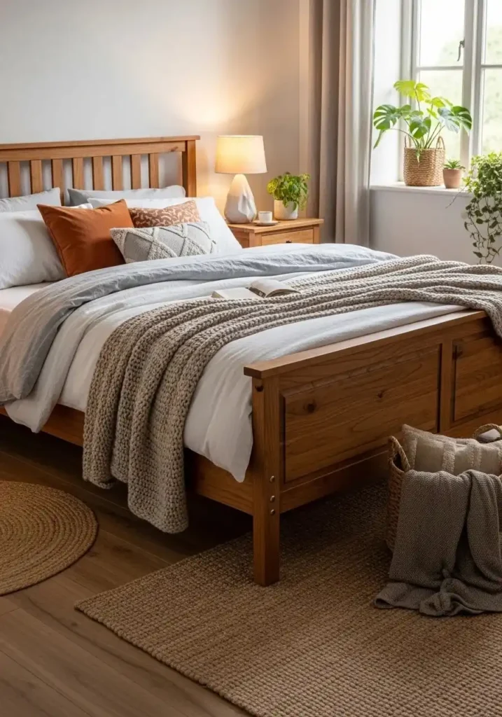 Natural wood elements adding warmth to master bedroom