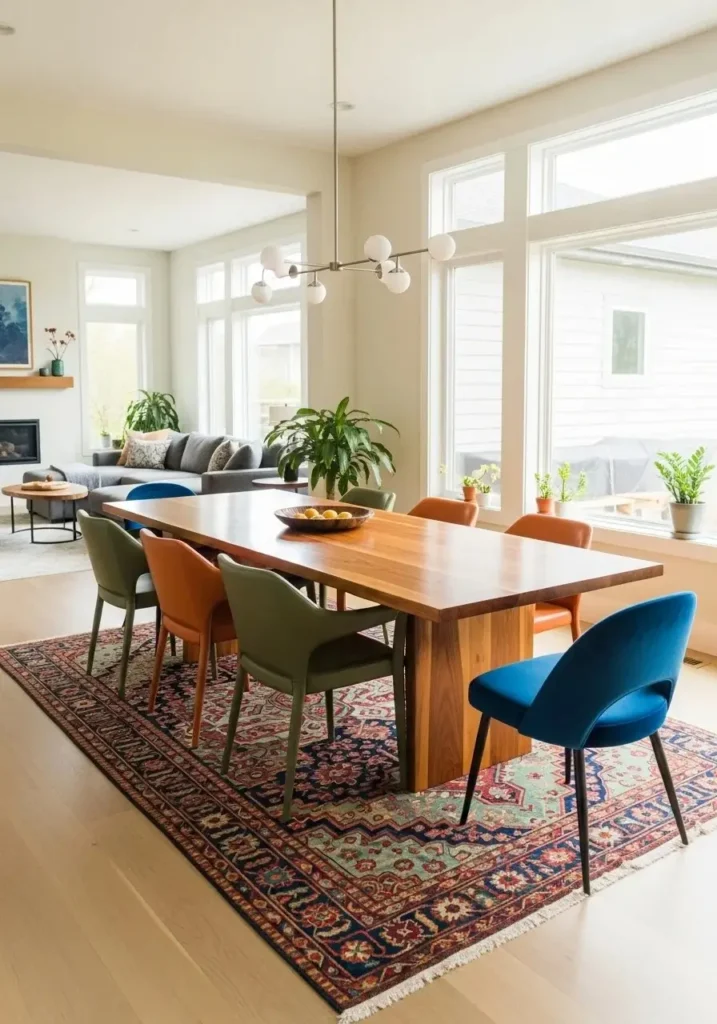 Colorful patterned rug grounding a dining space and adding warmth and visual interest