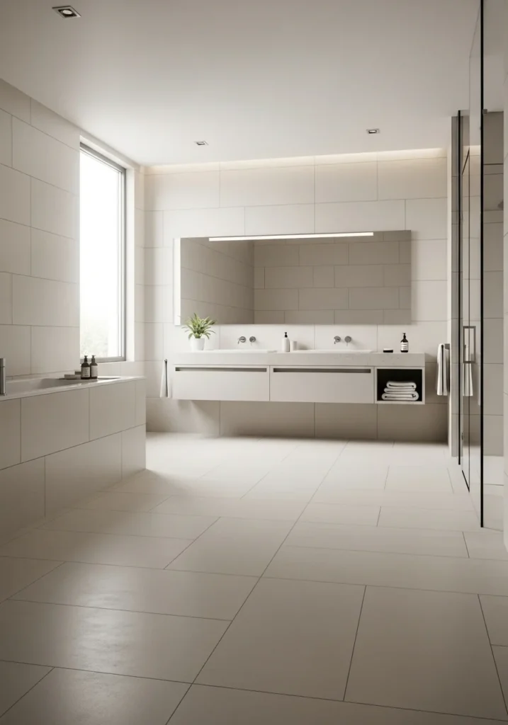 Bathroom with large tiles creating a smooth and spacious modern interior