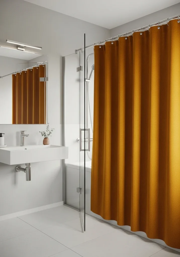 Bold color bathroom curtain adding a fun statement look