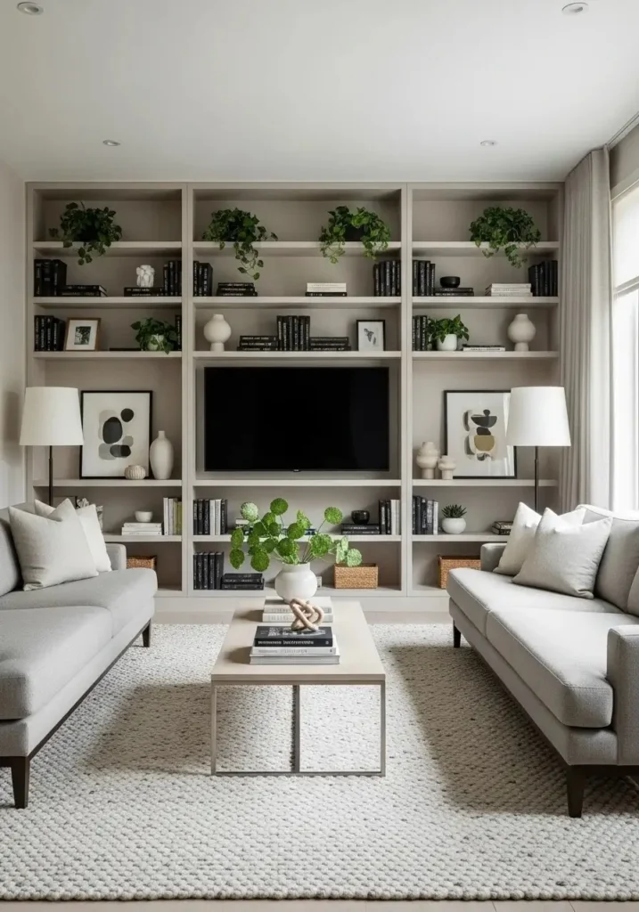 Built-in shelving around TV with books and decor in a stylish living room