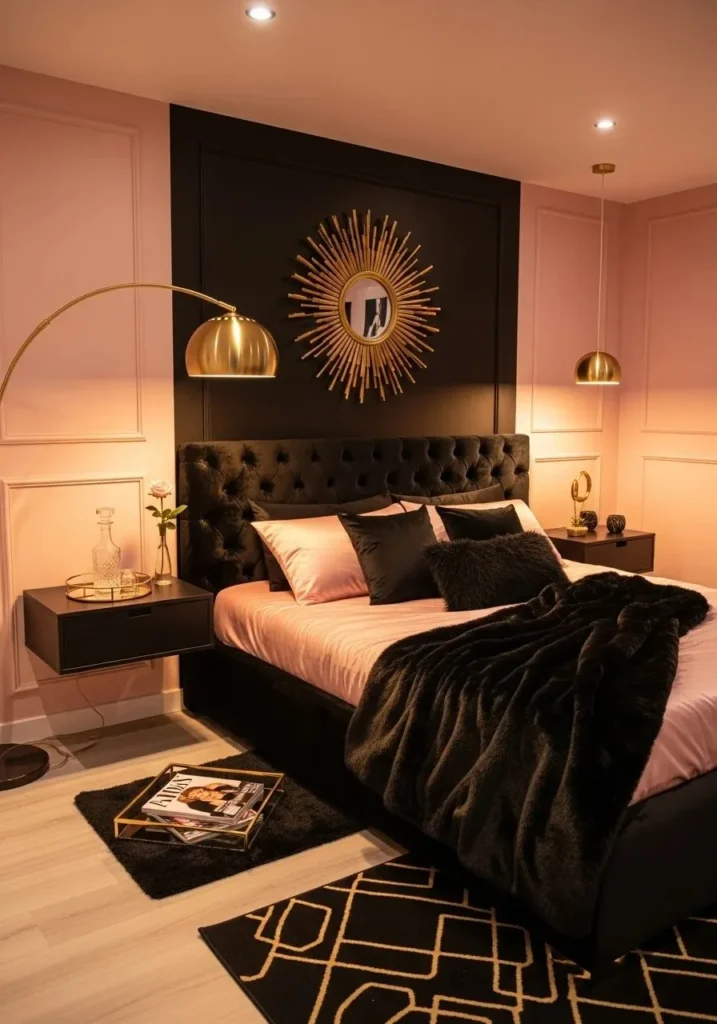 Pink and black bedroom with elegant gold accents for a luxurious feel