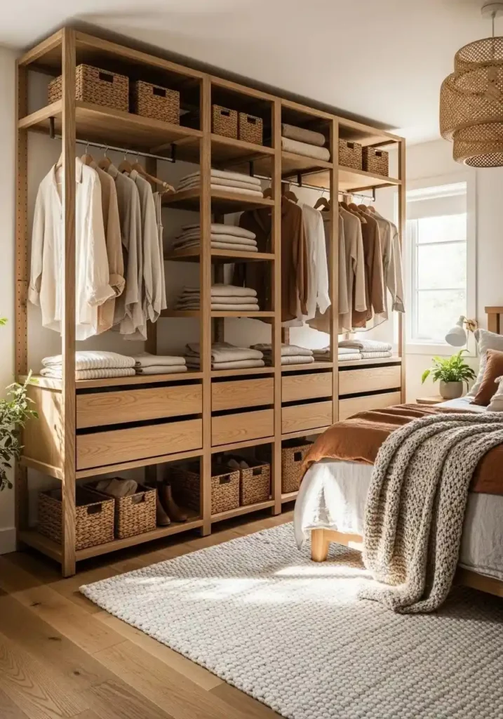 wooden frame open closet with warm natural design