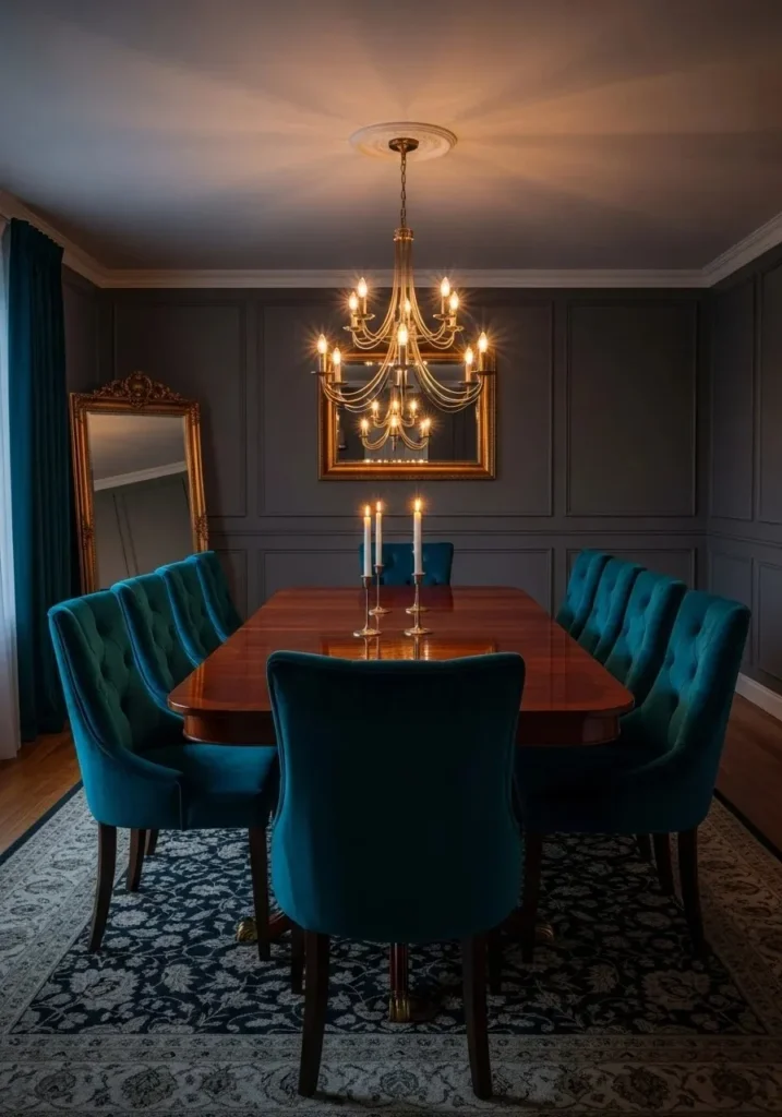 moody dining room with dark upholstered velvet chairs