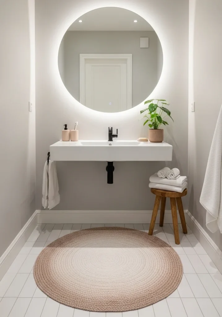 Round bathroom rug adding a unique and modern touch