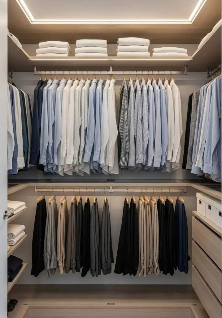 Closet with double rods maximizing vertical storage space