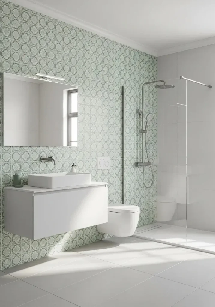 Bathroom accent wall adding personality and visual interest without overwhelming the space