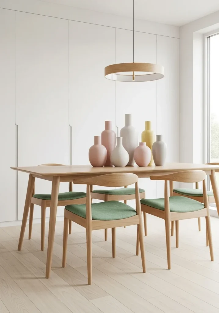 Mint green accents adding fresh and light touch to modern dining room