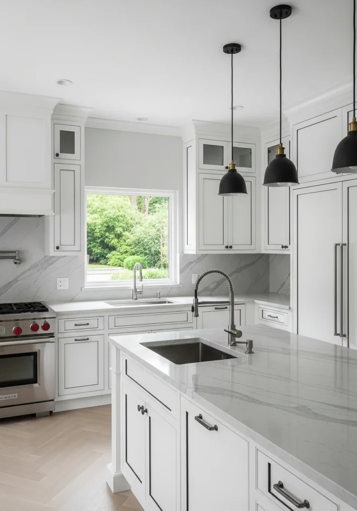 white countertops black cabinet trim elegant kitchen idea