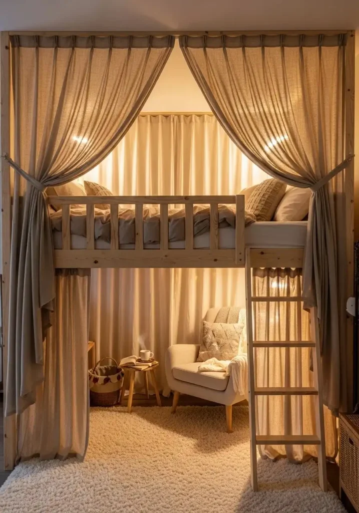 Loft bed with curtains creating a cozy private sleeping space