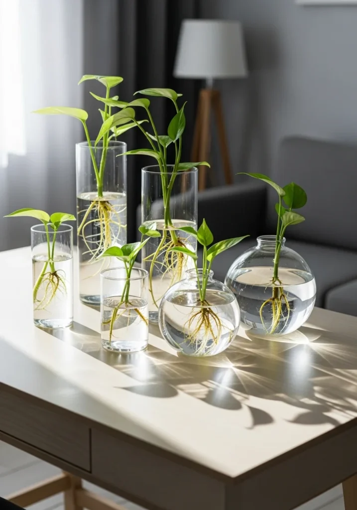 Glass plant pots showing roots growing in water on a modern desk
