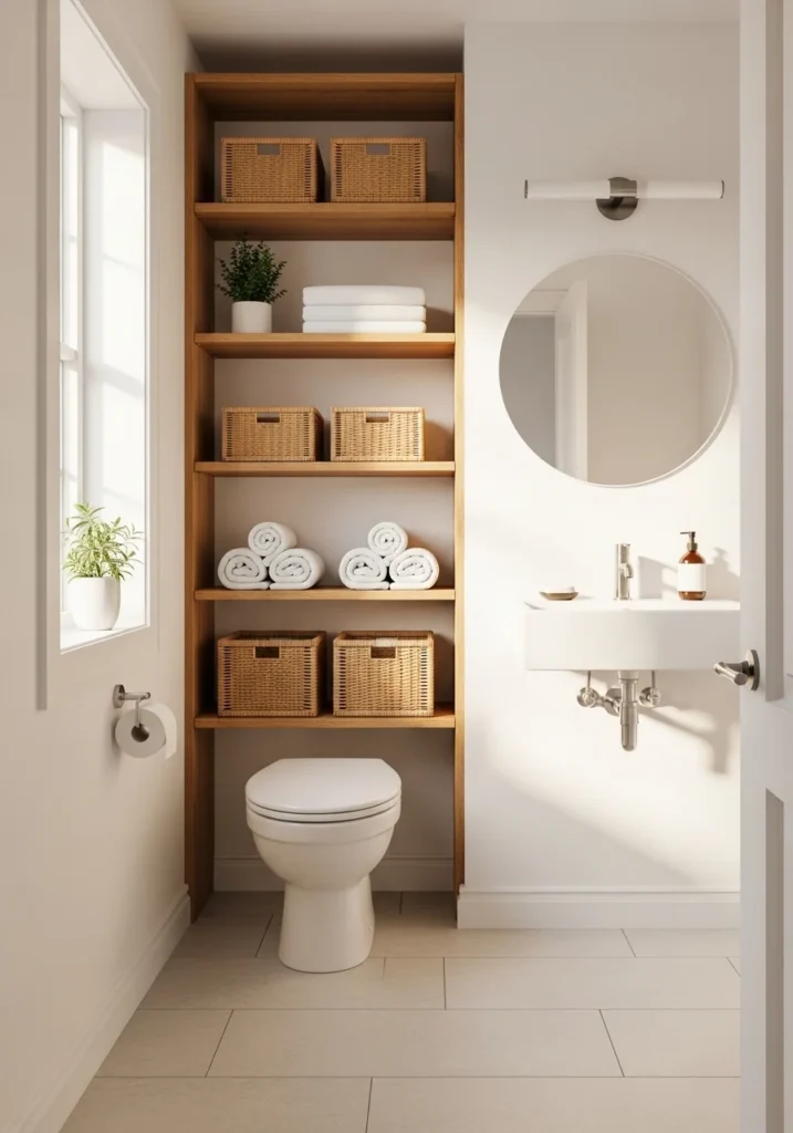 Over-the-toilet wooden shelves organizing towels and baskets in a small bathroom.