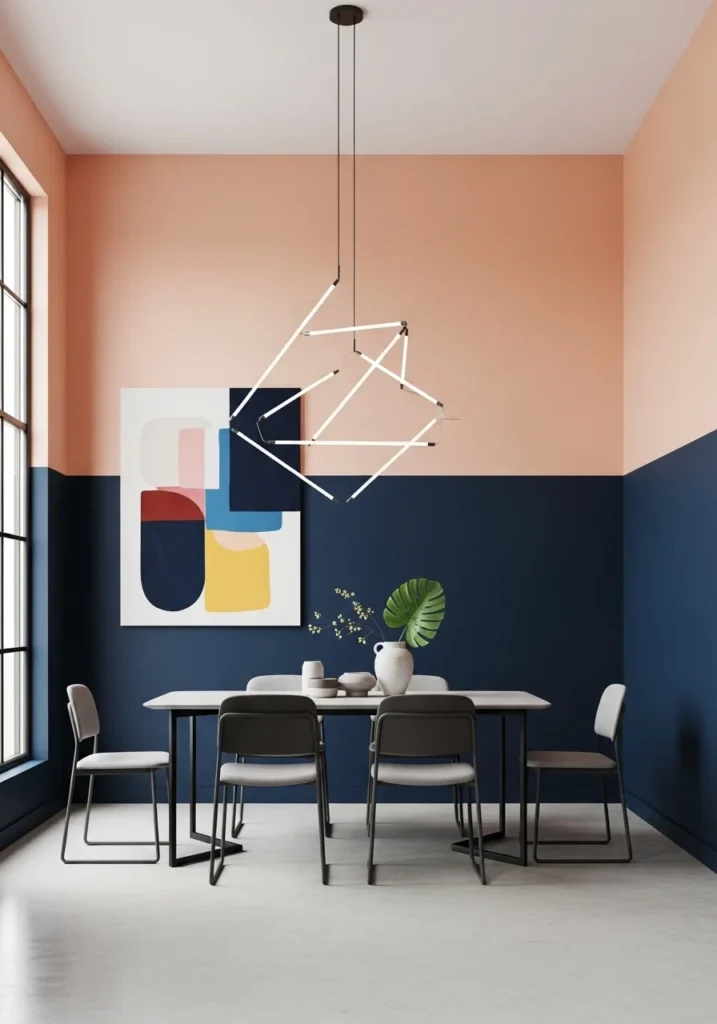 Color-blocked dining room walls adding a bold and modern visual effect